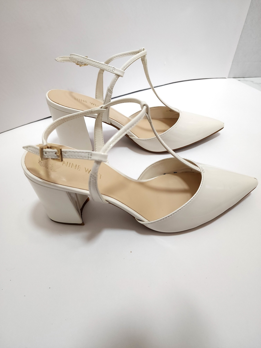 Nine West White Patent T-Strap Block Heel Pumps